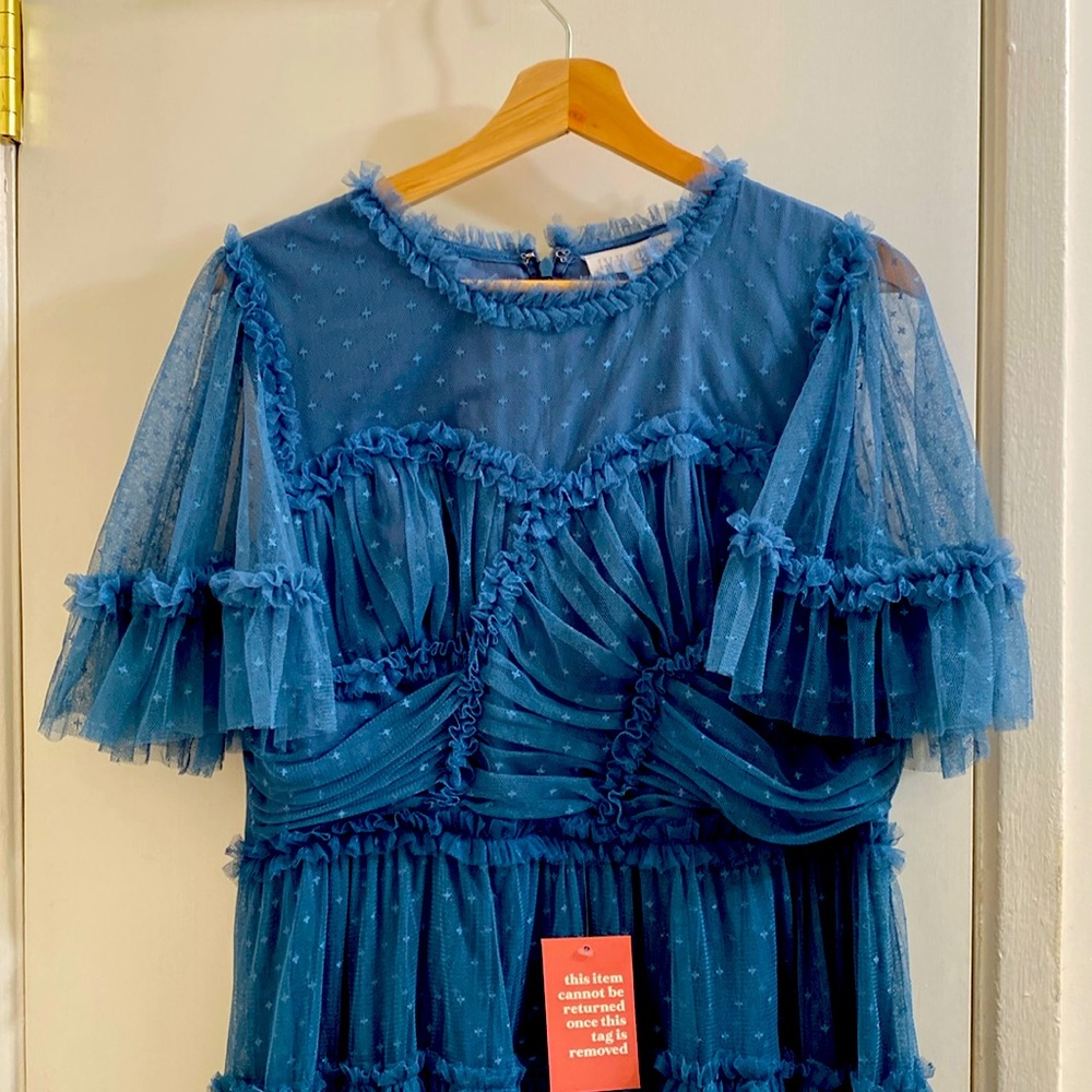 Ivy City Co Sheer Blue Ruffle Dress
